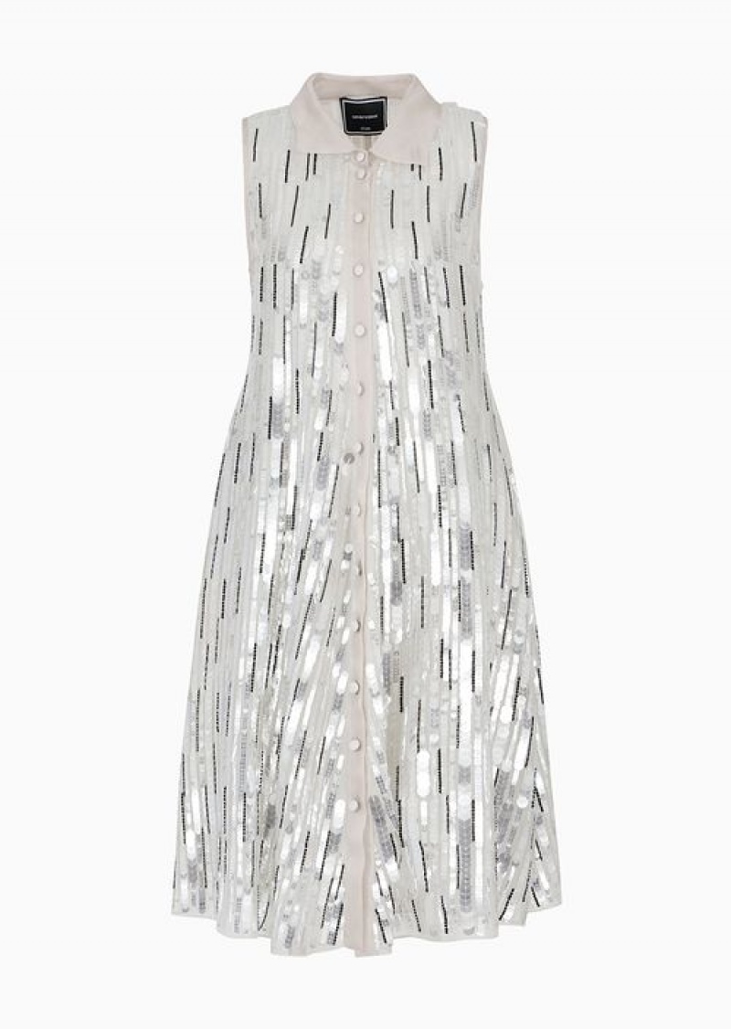 White Emporio Armani Midi Dress In Silk Organza With A Blend Of All-over Hand-embroidered Sequins | EA-SN56538