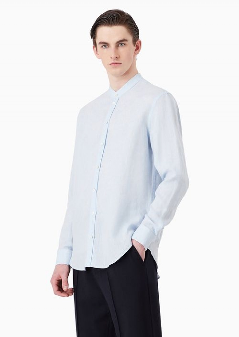 White Emporio Armani Modern-fit, Linen Chambray, Guru-collar Shirt | EA-SN57930