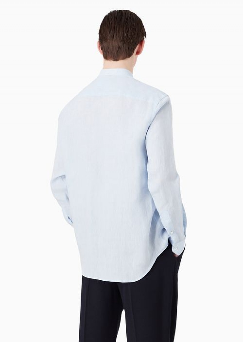 White Emporio Armani Modern-fit, Linen Chambray, Guru-collar Shirt | EA-SN57930