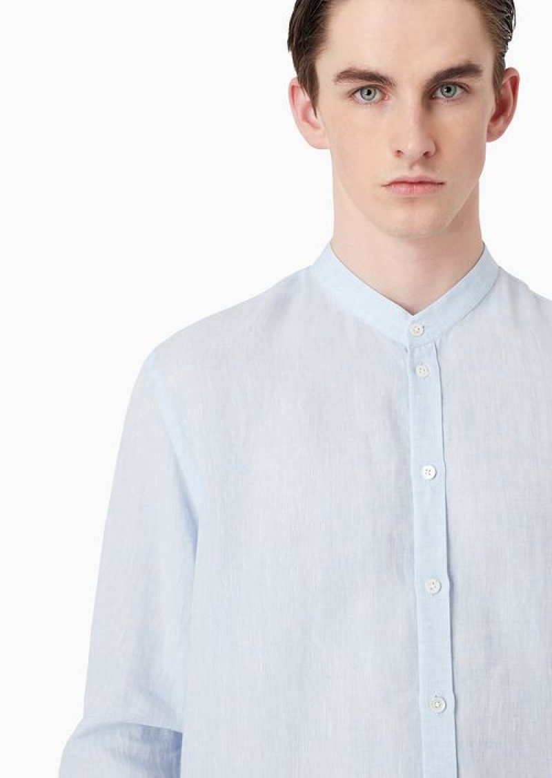 White Emporio Armani Modern-fit, Linen Chambray, Guru-collar Shirt | EA-SN57930