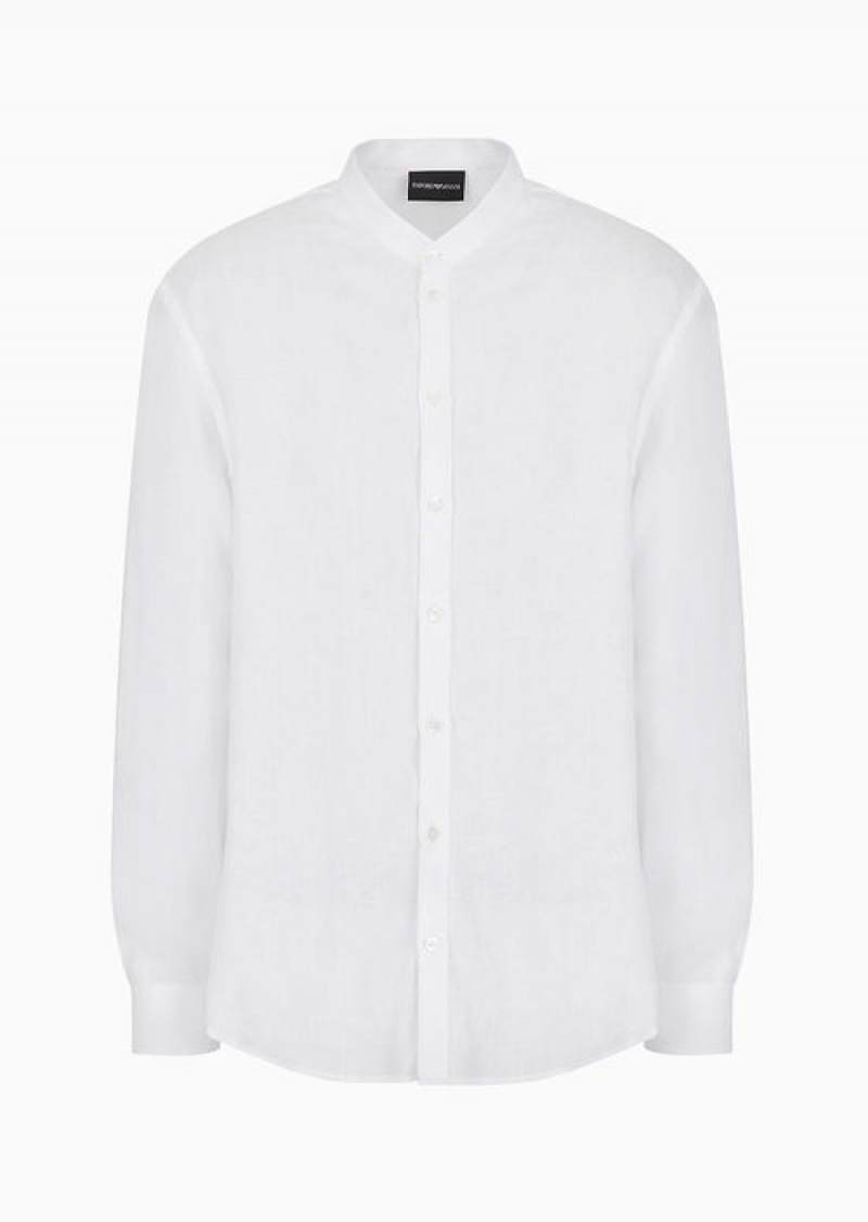 White Emporio Armani Modern-fit, Linen Chambray, Guru-collar Shirt | EA-SN57930