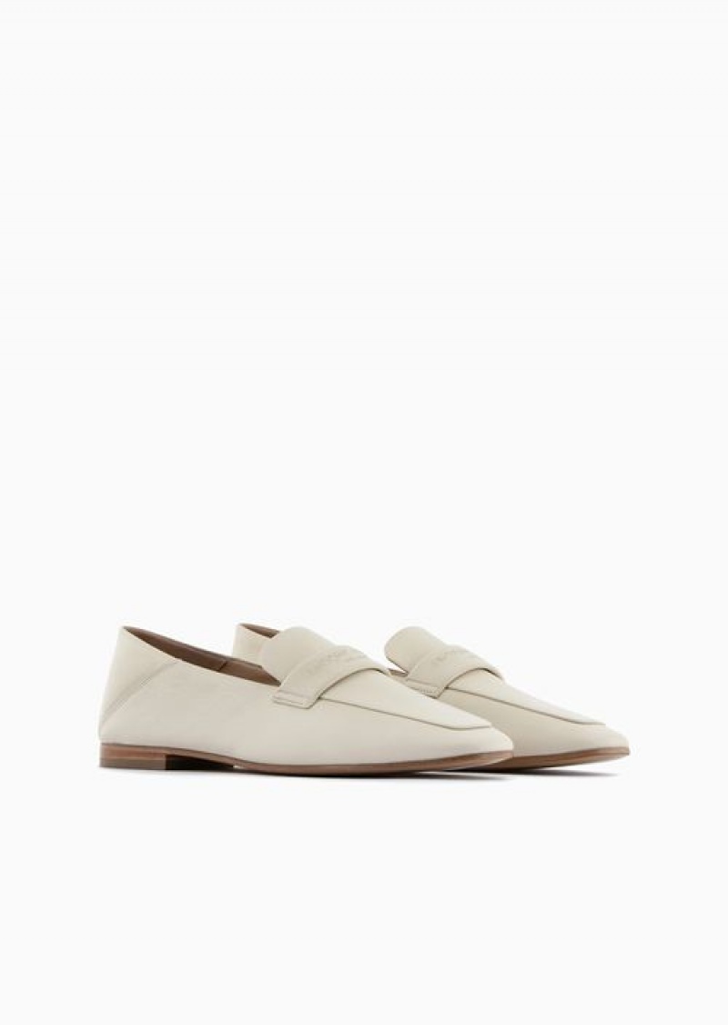 White Emporio Armani Nappa Leather Loafers With Embossed Logo | EA-SN57124