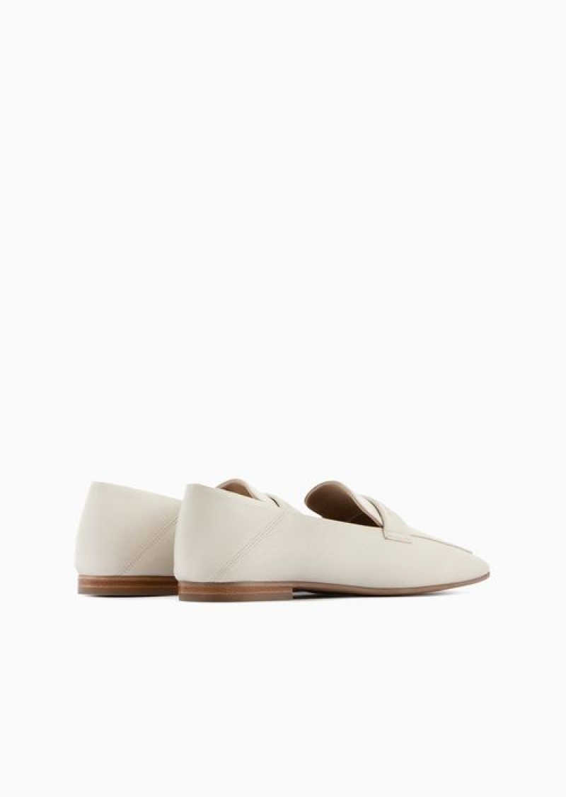 White Emporio Armani Nappa Leather Loafers With Embossed Logo | EA-SN57124