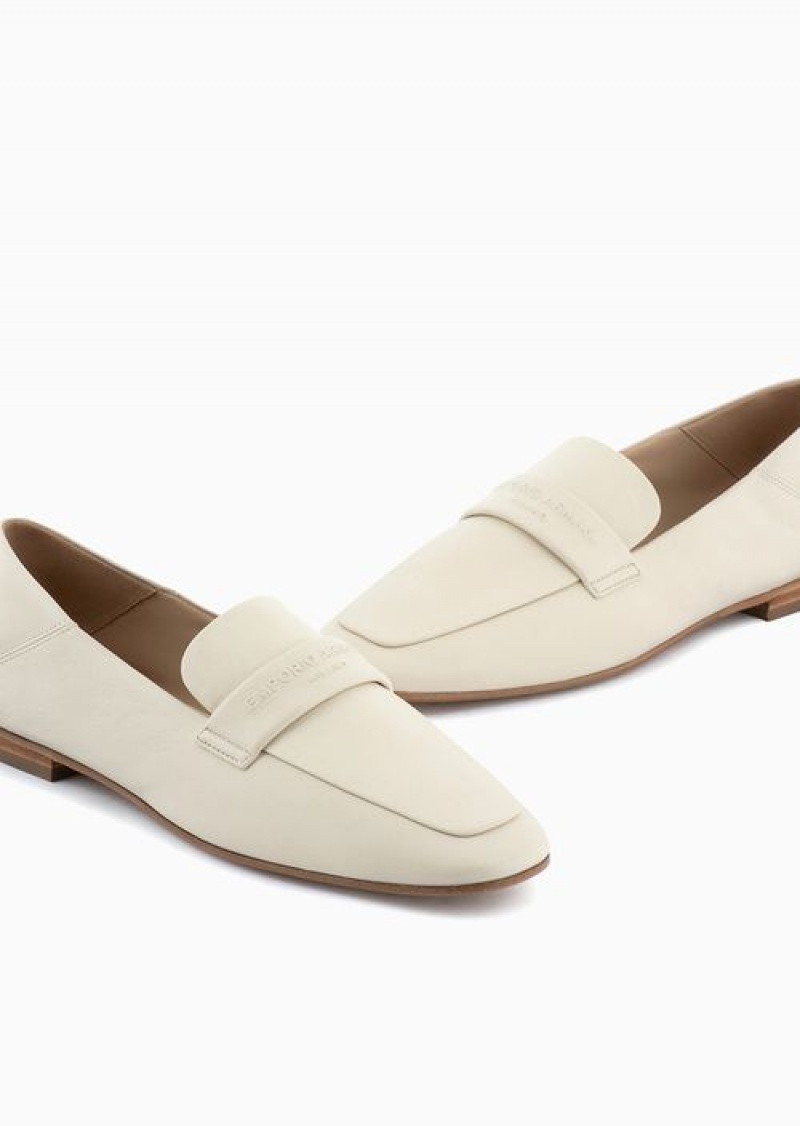 White Emporio Armani Nappa Leather Loafers With Embossed Logo | EA-SN57124