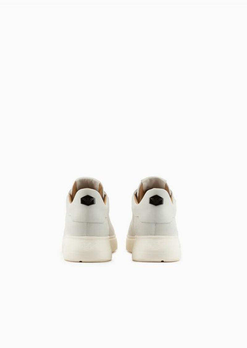 White Emporio Armani Nubuck Sneakers With Knurled Soles | EA-SN58974