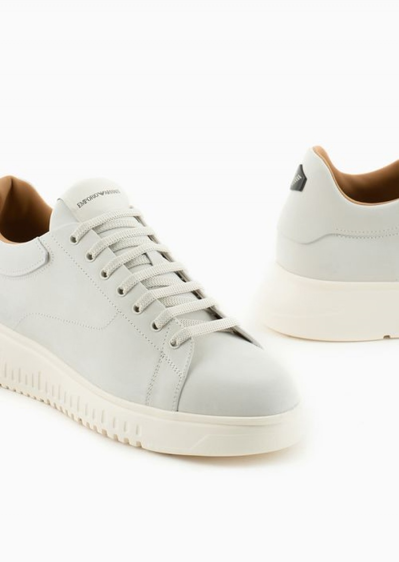 White Emporio Armani Nubuck Sneakers With Knurled Soles | EA-SN58974