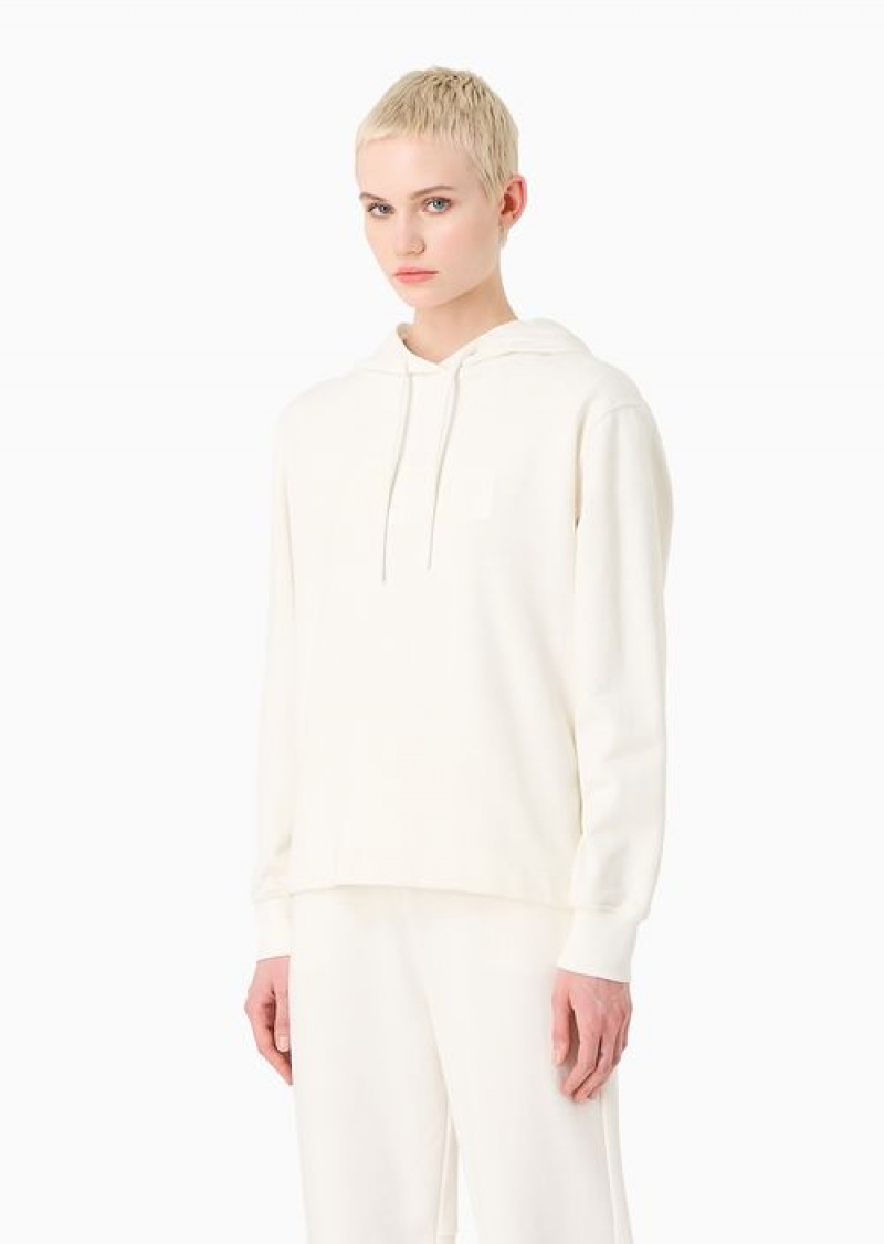 White Emporio Armani Organic-jersey Hooded Sweatshirt With Logo On A Glossy Asv Print | EA-SN56995