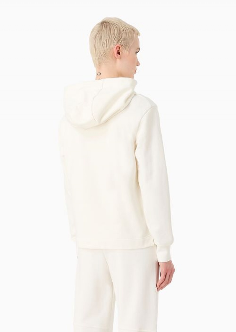 White Emporio Armani Organic-jersey Hooded Sweatshirt With Logo On A Glossy Asv Print | EA-SN56995