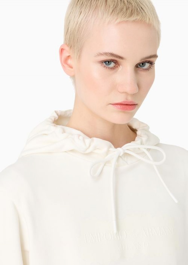 White Emporio Armani Organic-jersey Hooded Sweatshirt With Logo On A Glossy Asv Print | EA-SN56995