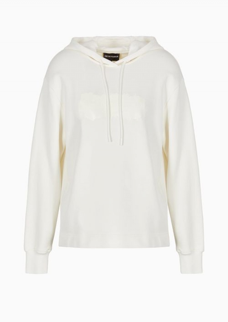 White Emporio Armani Organic-jersey Hooded Sweatshirt With Logo On A Glossy Asv Print | EA-SN56995