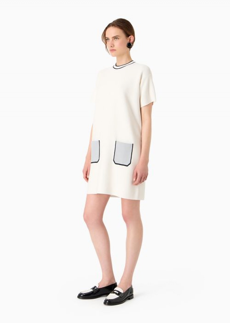 White Emporio Armani Ottoman Fabric Short-sleeved Tunic Dress With Patch Pockets | EA-SN56504