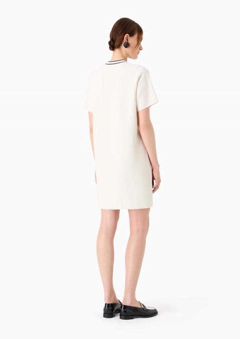 White Emporio Armani Ottoman Fabric Short-sleeved Tunic Dress With Patch Pockets | EA-SN56504