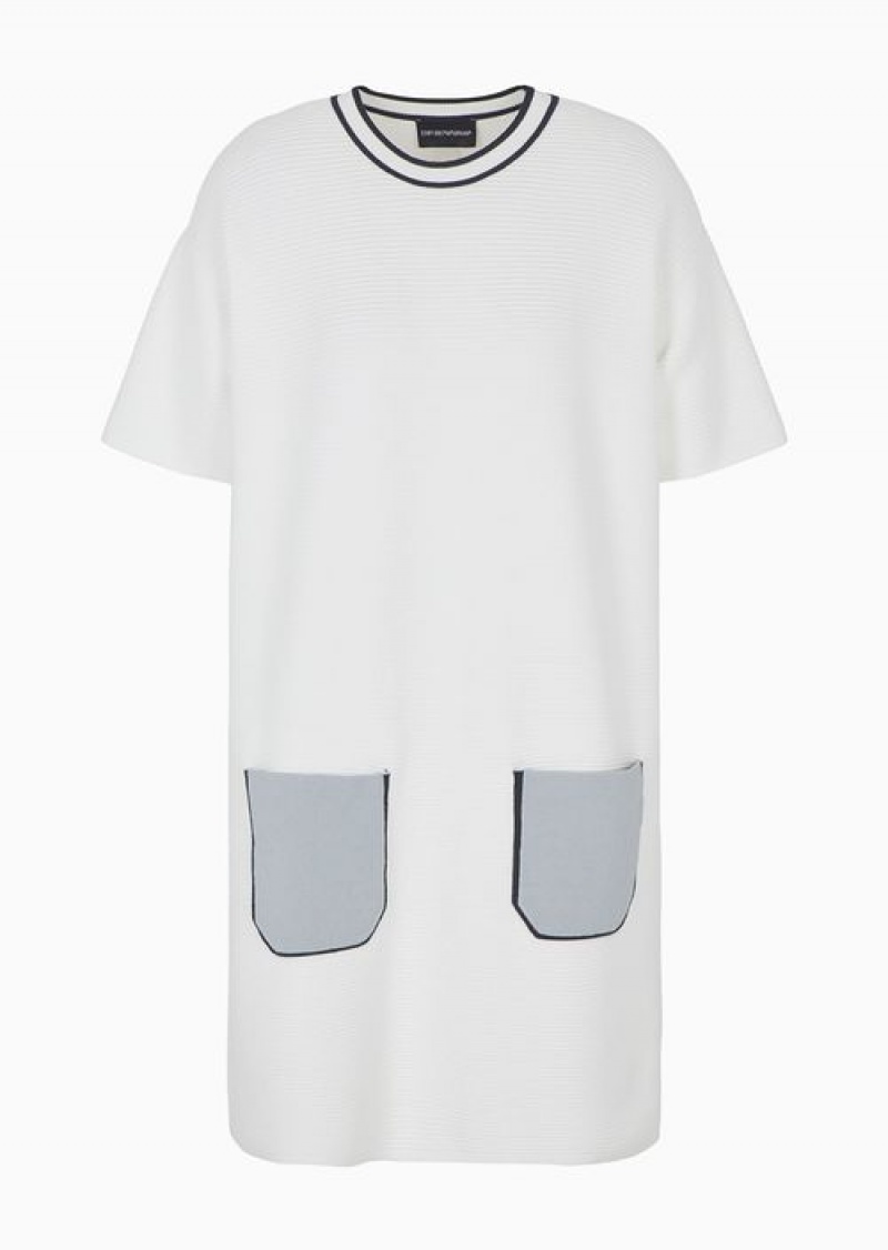 White Emporio Armani Ottoman Fabric Short-sleeved Tunic Dress With Patch Pockets | EA-SN56504