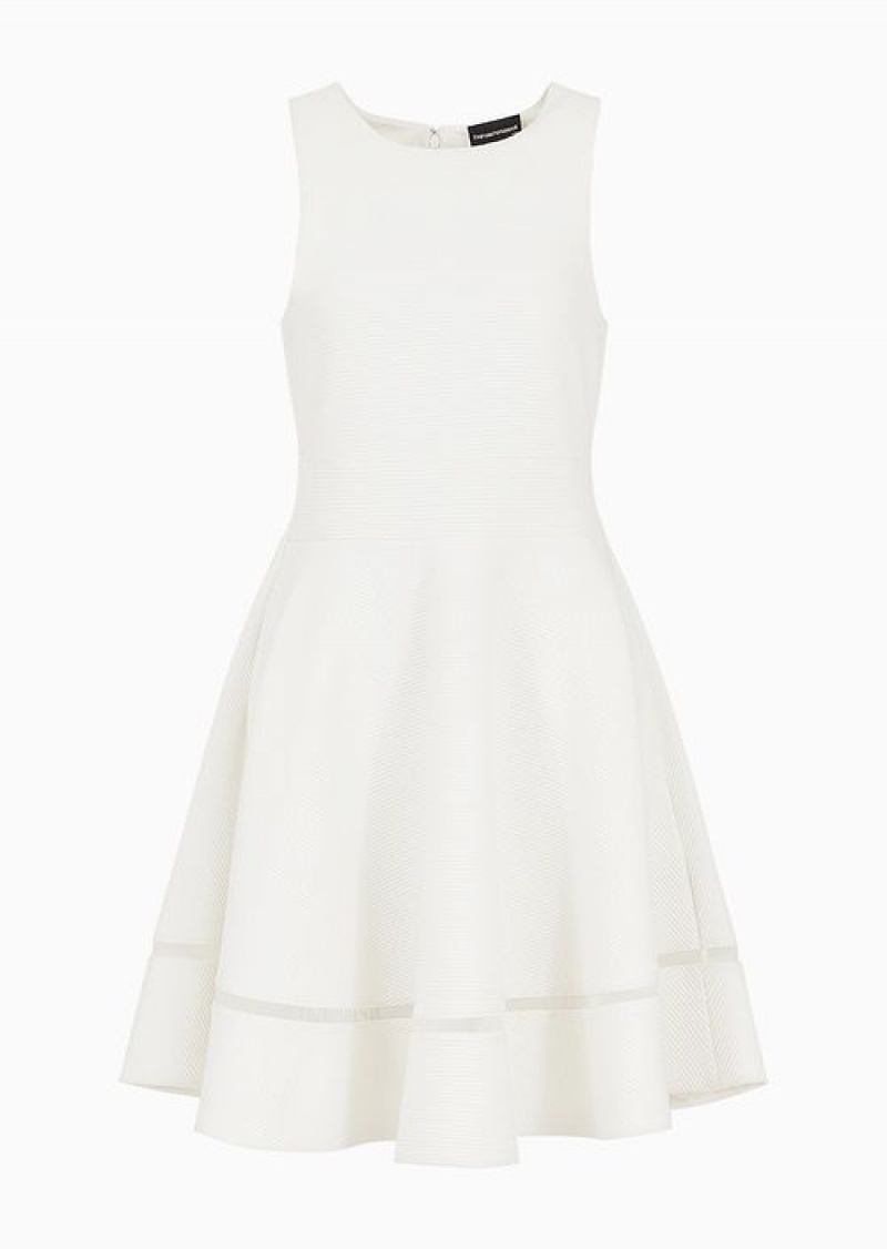 White Emporio Armani Ottoman Jersey Flared Dress | EA-SN56566