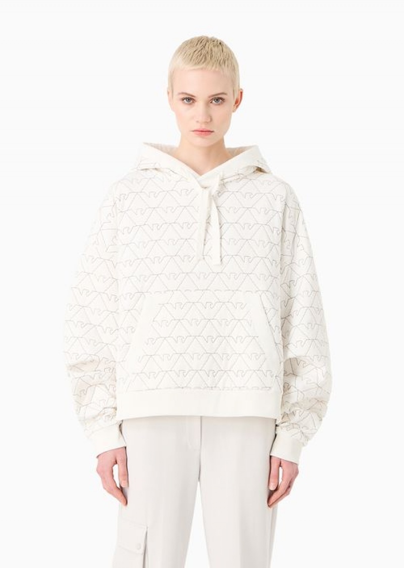 White Emporio Armani Padded Sweatshirt With Quilted Jersey Hood And All-over Eagle | EA-SN56994