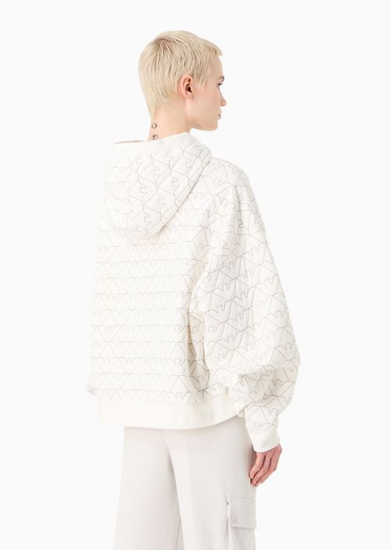 White Emporio Armani Padded Sweatshirt With Quilted Jersey Hood And All-over Eagle | EA-SN56994