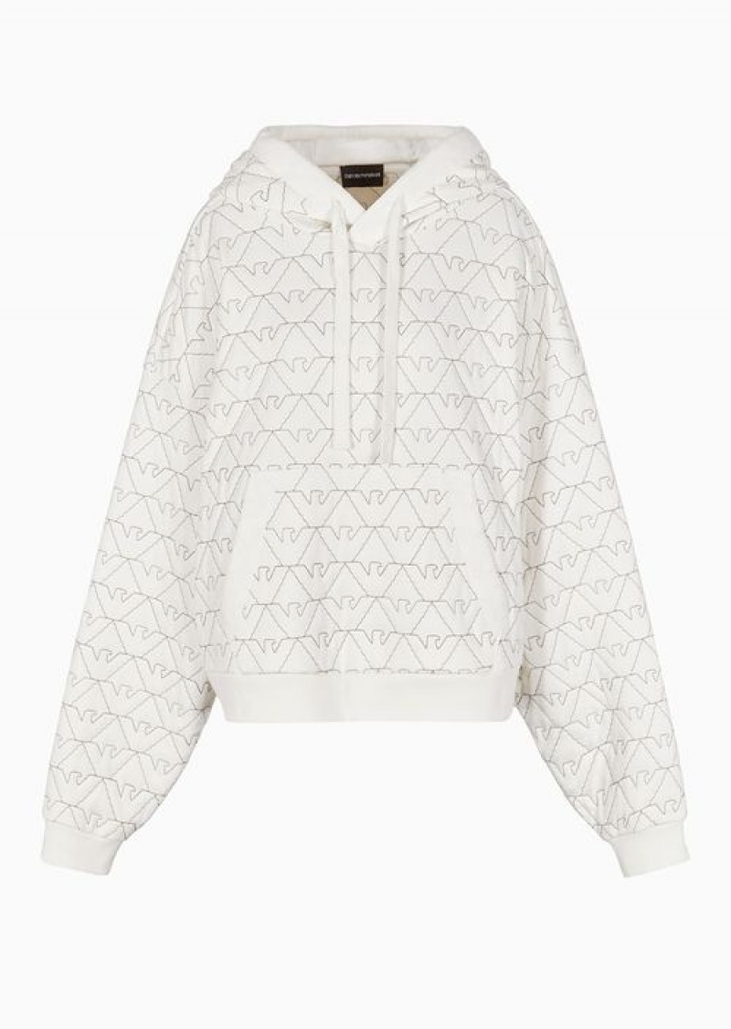 White Emporio Armani Padded Sweatshirt With Quilted Jersey Hood And All-over Eagle | EA-SN56994