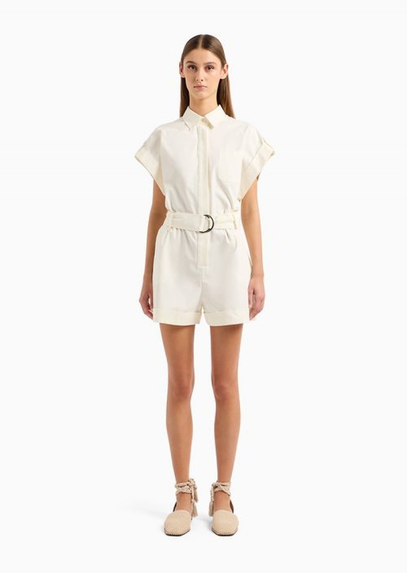 White Emporio Armani Pima Cotton Gabardine Short Jumpsuit | EA-SN56560