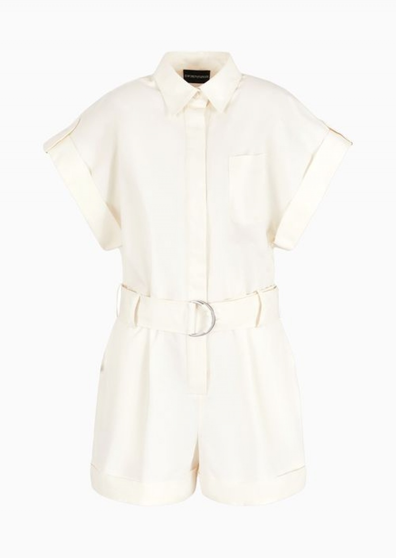 White Emporio Armani Pima Cotton Gabardine Short Jumpsuit | EA-SN56560