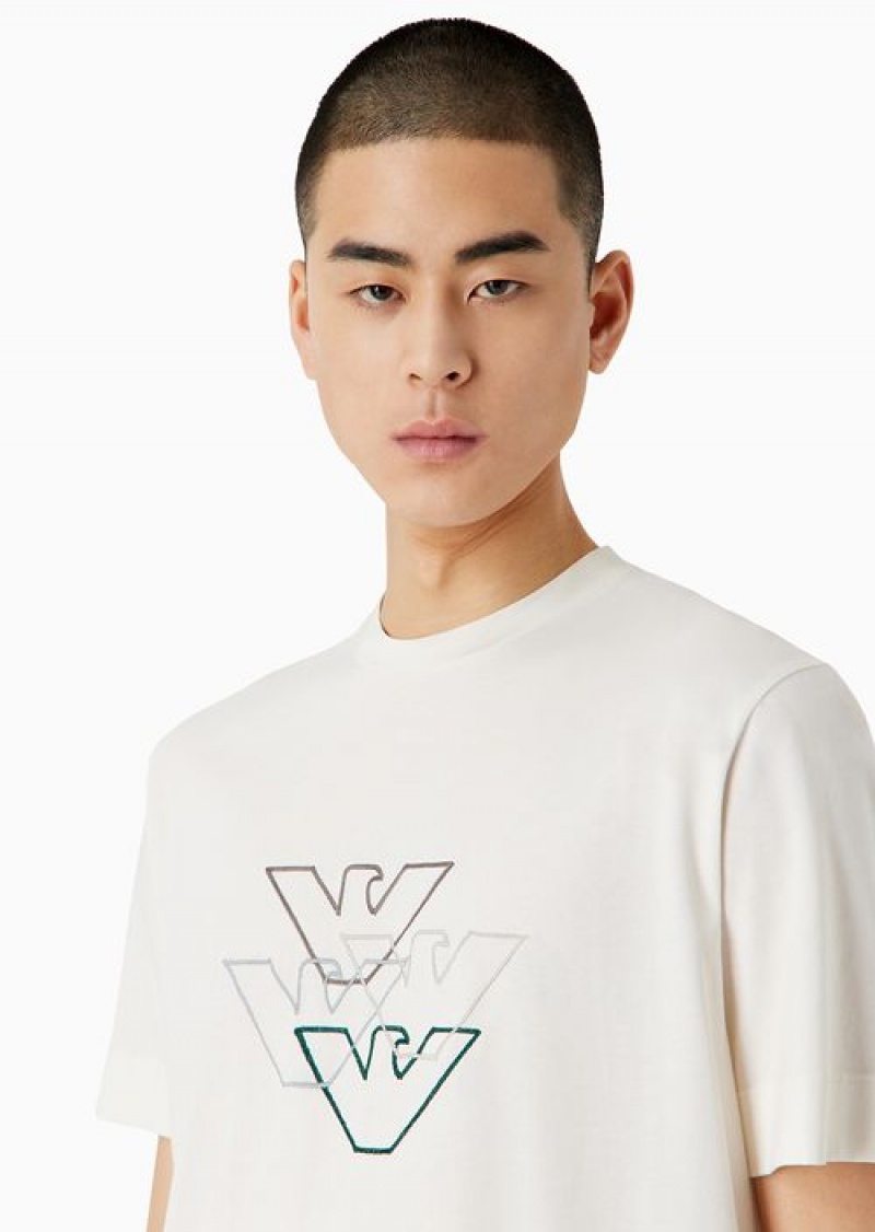 White Emporio Armani Pima Jersey T-shirt With Logo Embroidery | EA-SN58603