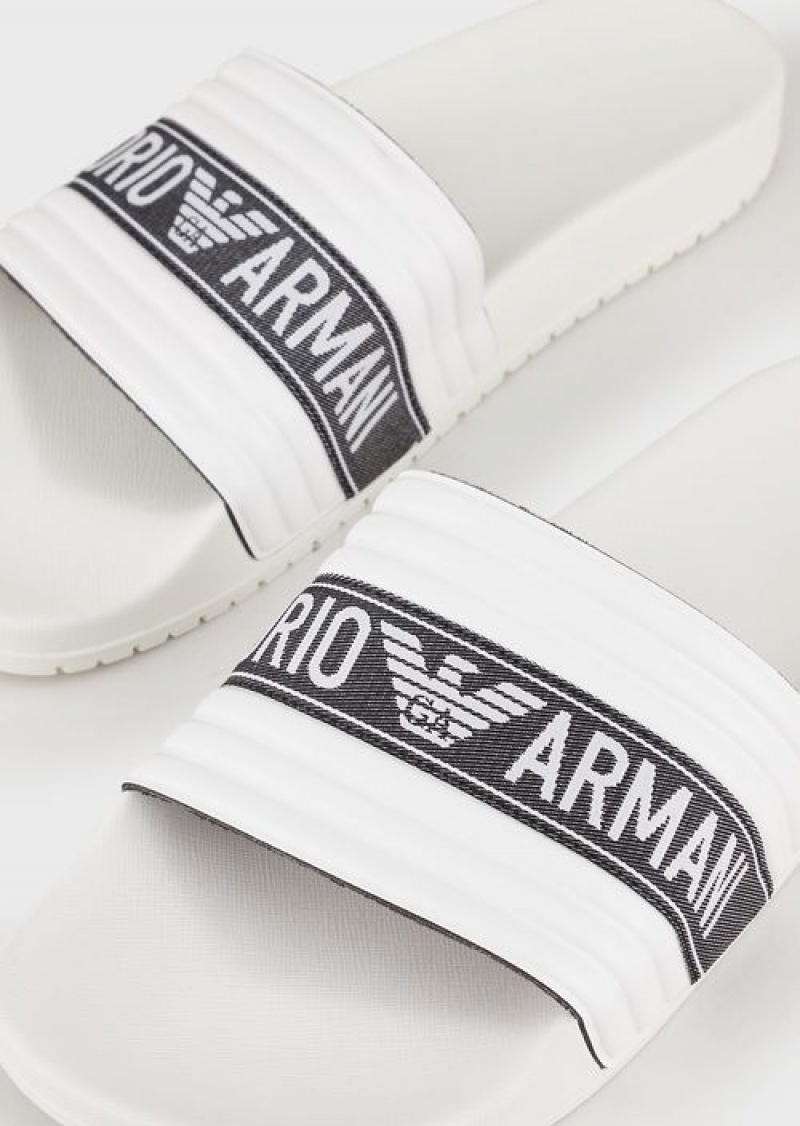 White Emporio Armani Pvc Sliders With Jacquard Logo Ribbon | EA-SN58885