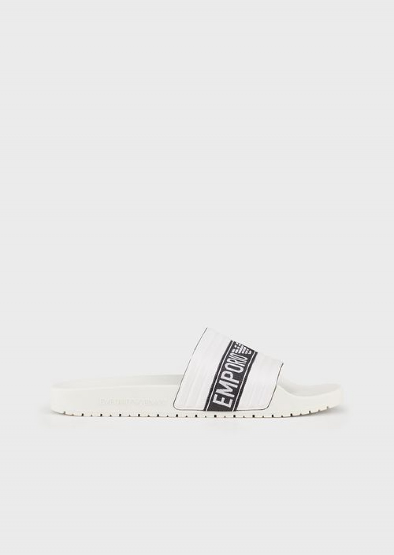 White Emporio Armani Pvc Sliders With Jacquard Logo Ribbon | EA-SN58885