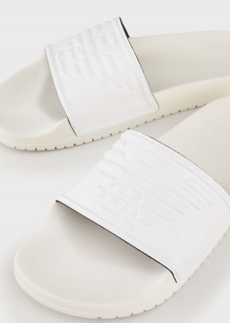 White Emporio Armani Pvc Sliders With Oversized, Embossed Eagle | EA-SN58882