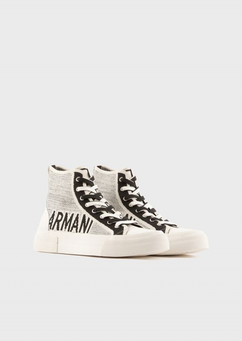 White Emporio Armani Recycled Knit High-top Sneakers With Jacquard Logo | EA-SN58948