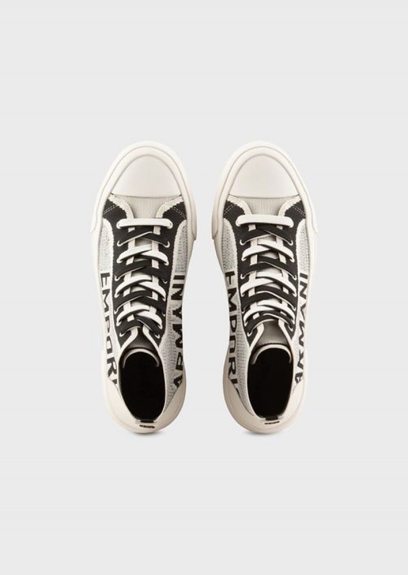 White Emporio Armani Recycled Knit High-top Sneakers With Jacquard Logo | EA-SN58948