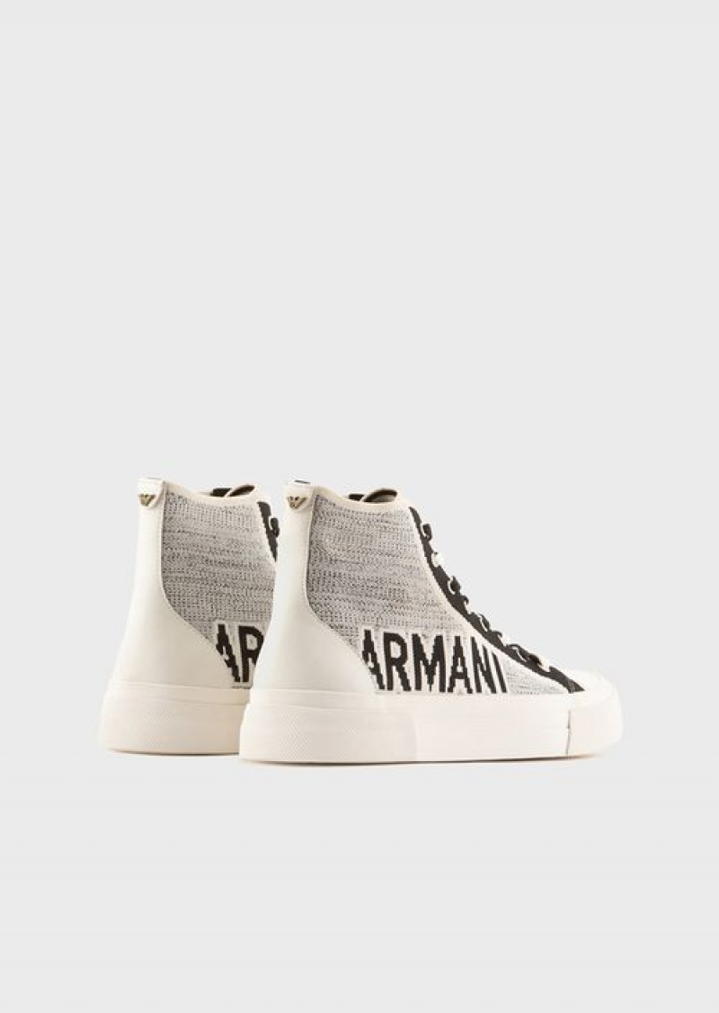 White Emporio Armani Recycled Knit High-top Sneakers With Jacquard Logo | EA-SN58948