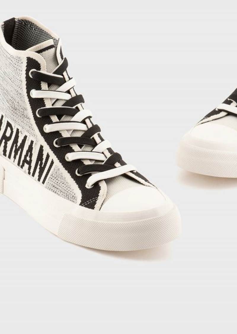 White Emporio Armani Recycled Knit High-top Sneakers With Jacquard Logo | EA-SN58948