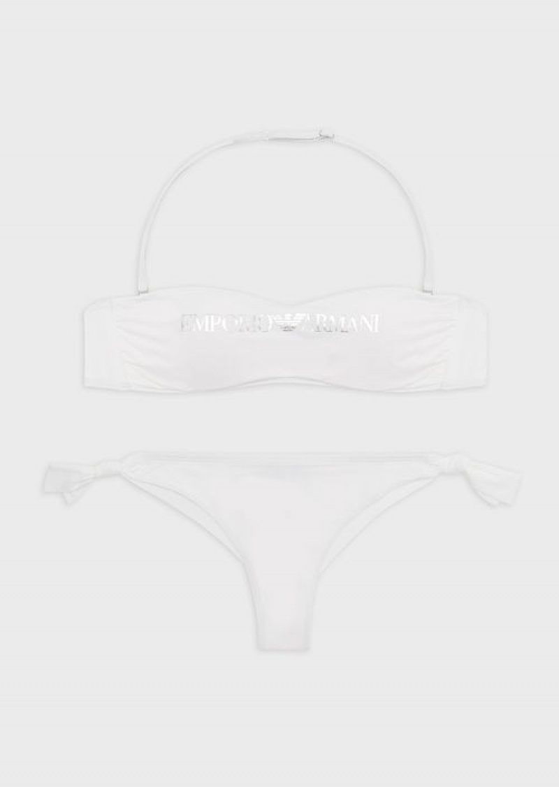 White Emporio Armani Recycled Nylon Bandeau Bikini With Logo | EA-SN57095