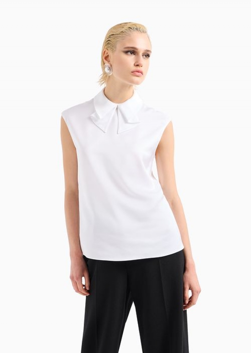 White Emporio Armani Satin Top With Bow Collar | EA-SN56930