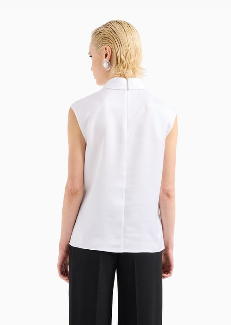 White Emporio Armani Satin Top With Bow Collar | EA-SN56930