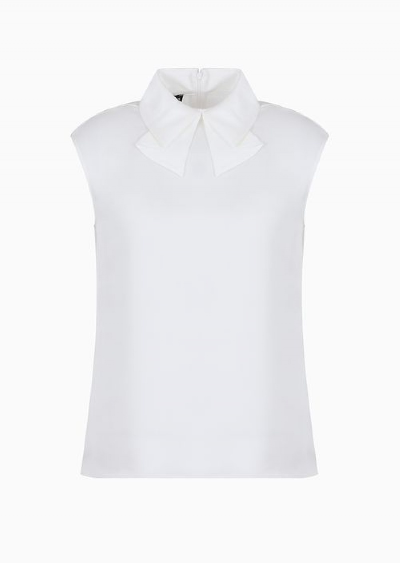 White Emporio Armani Satin Top With Bow Collar | EA-SN56930