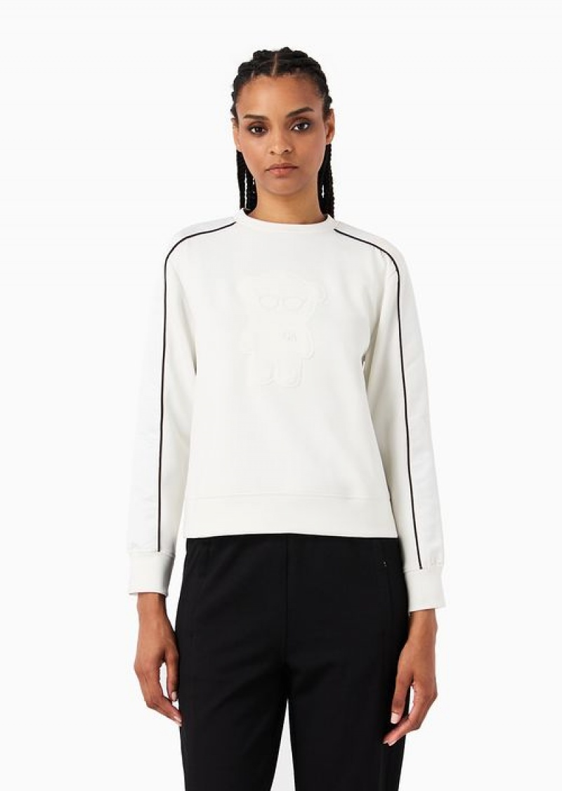 White Emporio Armani Shiny Interlock Fabric Sweatshirt With Piping And Oversized Manga Bear Patch | EA-SN56988