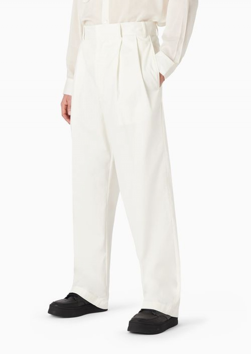 White Emporio Armani Soft-touch Pima-cotton Gabardine Trousers With Darts | EA-SN58317