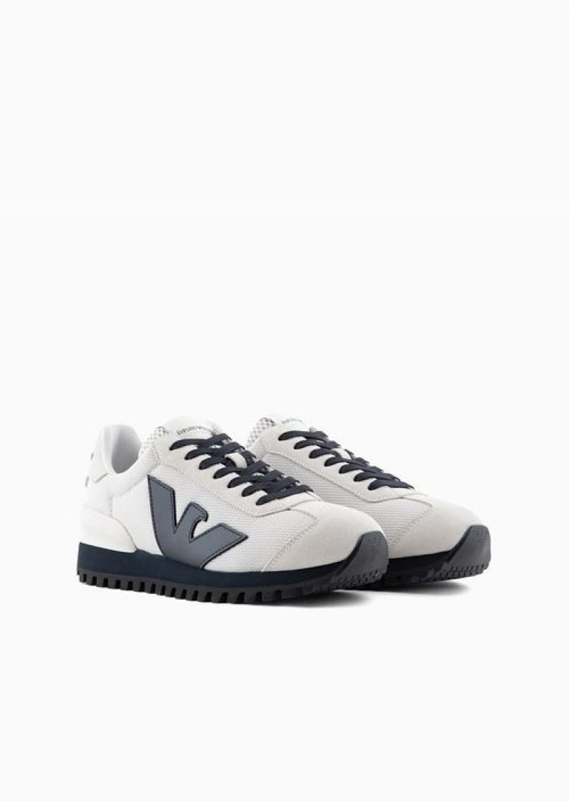 White Emporio Armani Suede And Mesh Sneakers With Oversized Eagle | EA-SN58944