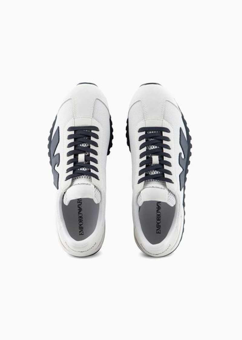 White Emporio Armani Suede And Mesh Sneakers With Oversized Eagle | EA-SN58944