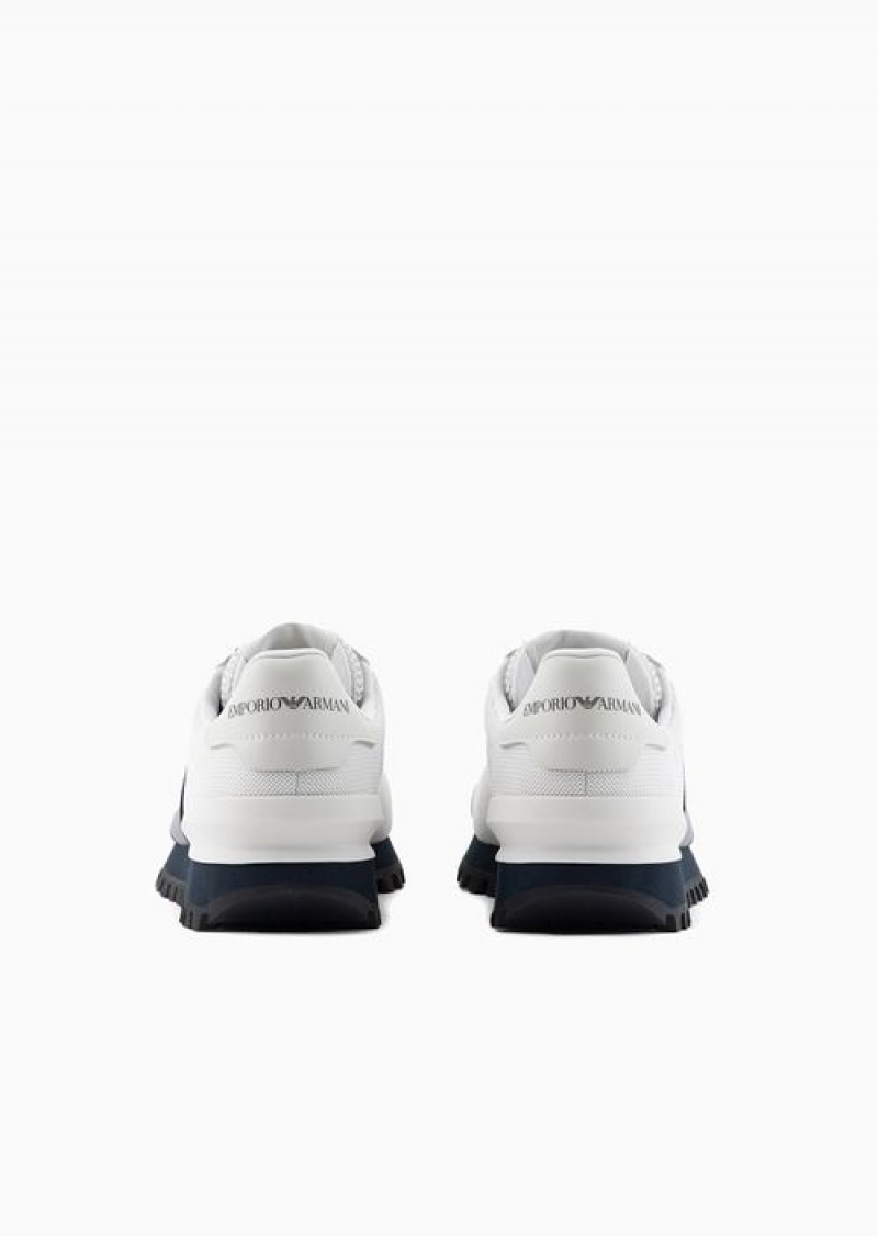 White Emporio Armani Suede And Mesh Sneakers With Oversized Eagle | EA-SN58944