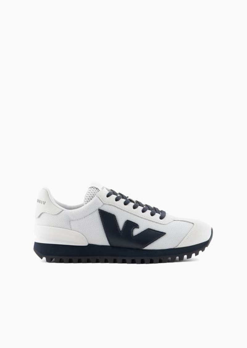 White Emporio Armani Suede And Mesh Sneakers With Oversized Eagle | EA-SN58944