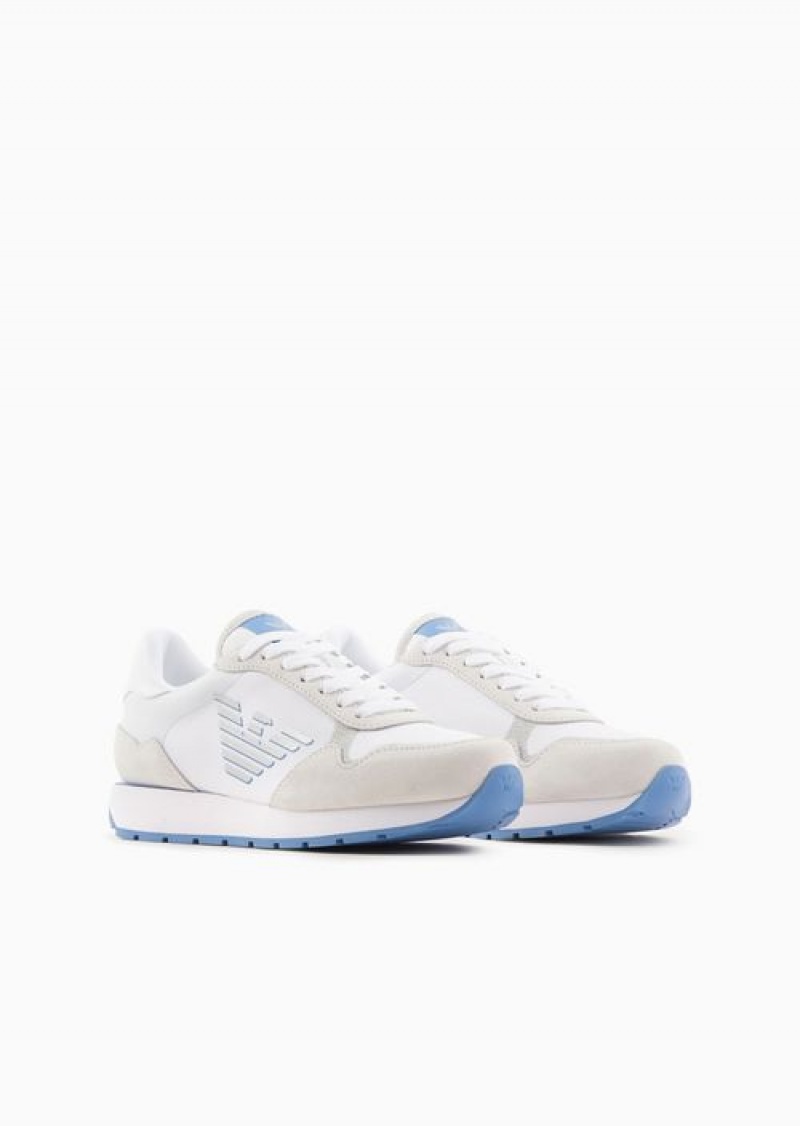 White Emporio Armani Suede And Nylon Sneakers With Oversized Eagle | EA-SN57212