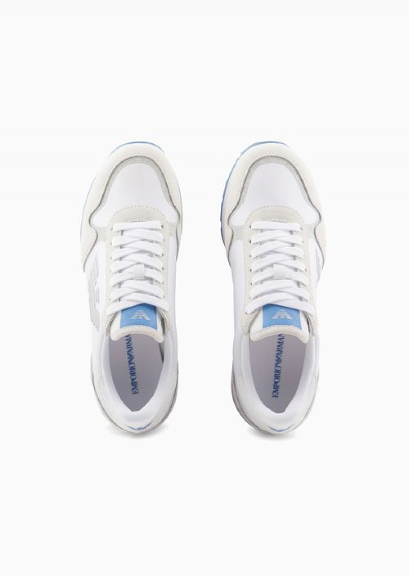 White Emporio Armani Suede And Nylon Sneakers With Oversized Eagle | EA-SN57212