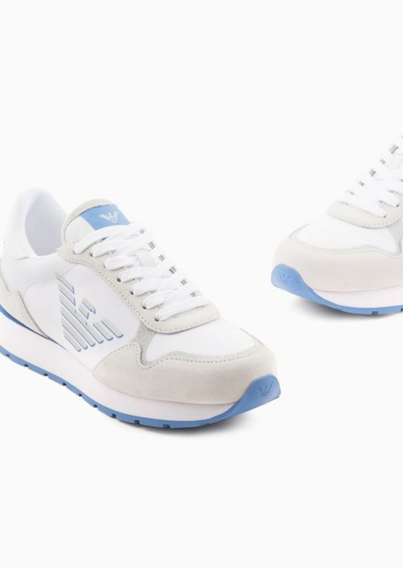 White Emporio Armani Suede And Nylon Sneakers With Oversized Eagle | EA-SN57212