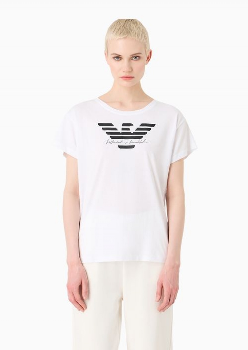 White Emporio Armani Supima Jersey T-shirt With Rhinestone Writing And Oversized Eagle | EA-SN57026