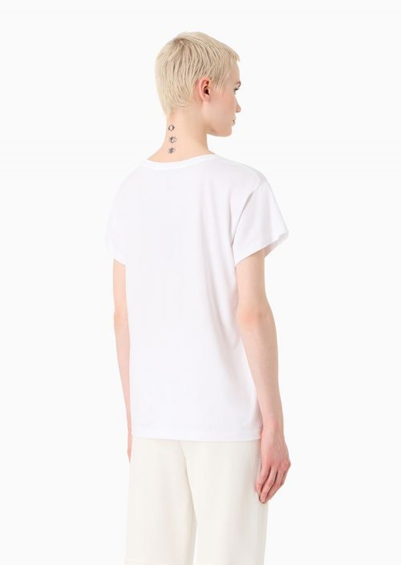 White Emporio Armani Supima Jersey T-shirt With Rhinestone Writing And Oversized Eagle | EA-SN57026