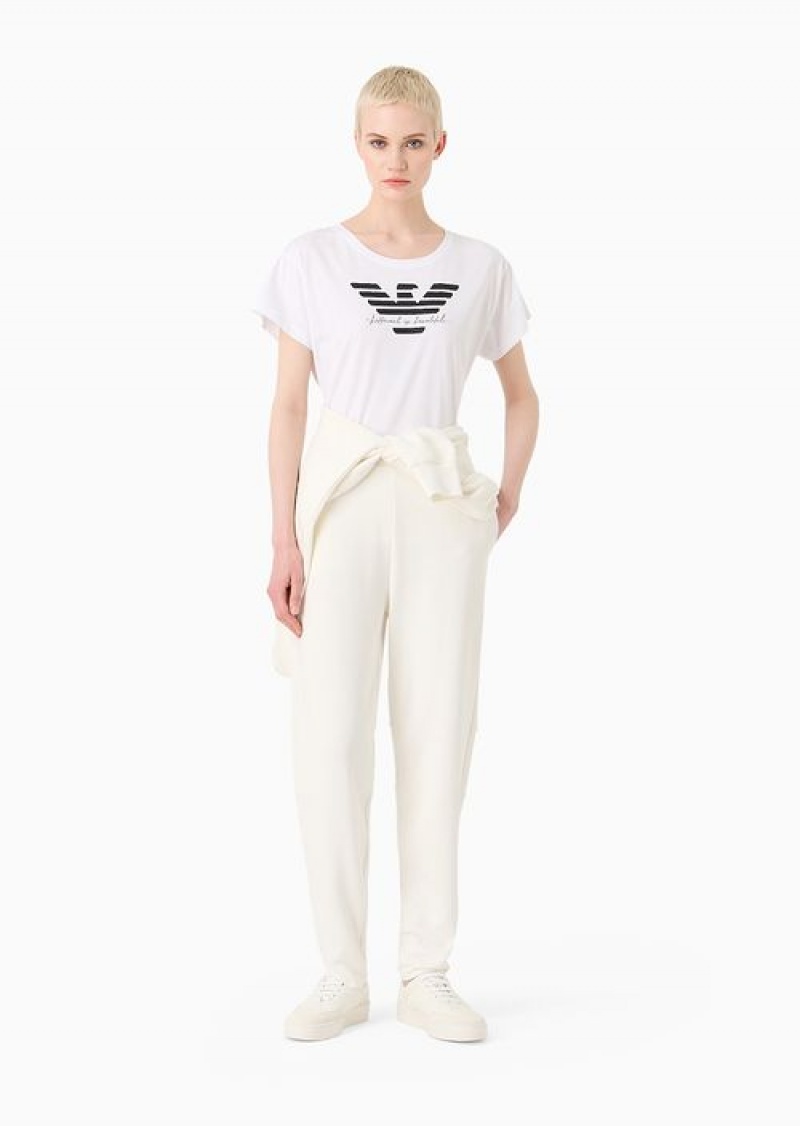 White Emporio Armani Supima Jersey T-shirt With Rhinestone Writing And Oversized Eagle | EA-SN57026