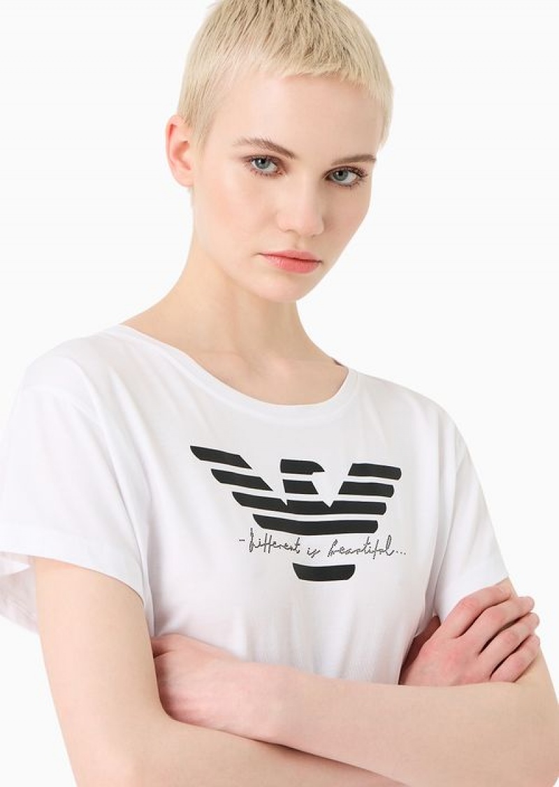 White Emporio Armani Supima Jersey T-shirt With Rhinestone Writing And Oversized Eagle | EA-SN57026