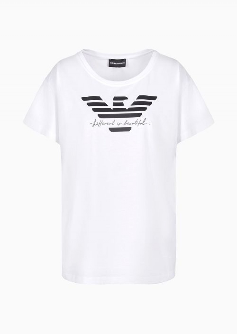 White Emporio Armani Supima Jersey T-shirt With Rhinestone Writing And Oversized Eagle | EA-SN57026