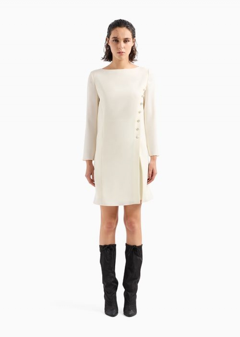 White Emporio Armani Technical Cady Tunic Dress With Satin Buttons | EA-SN56565